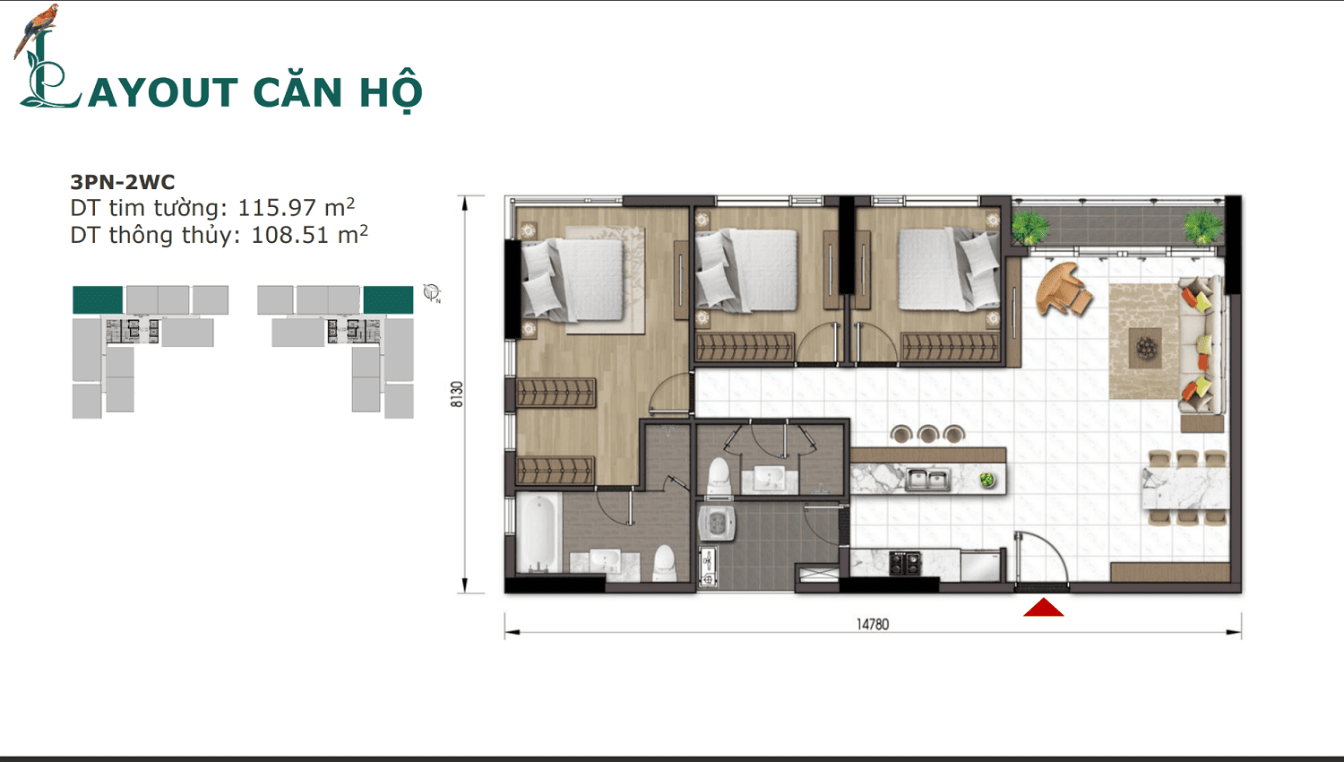 Layout thiết kế căn hộ 3 PN Essensia Sky